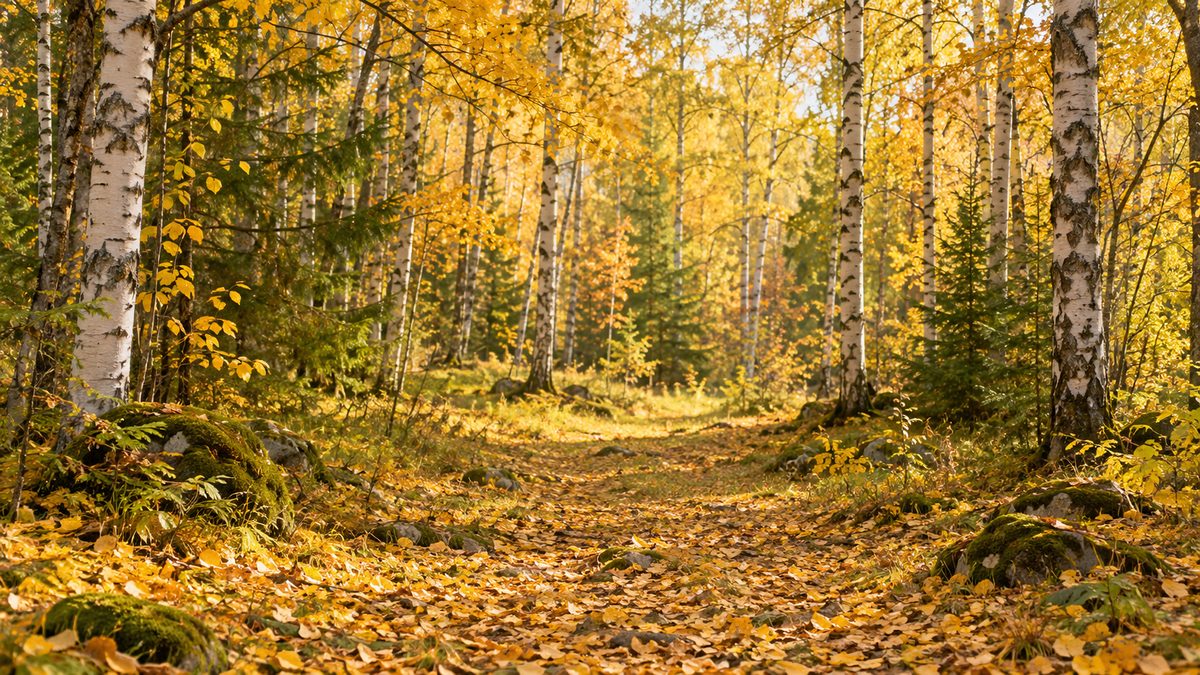 Polku ruskan keltaisessa koivumetsässä aurinkoisena syyspäivänä
