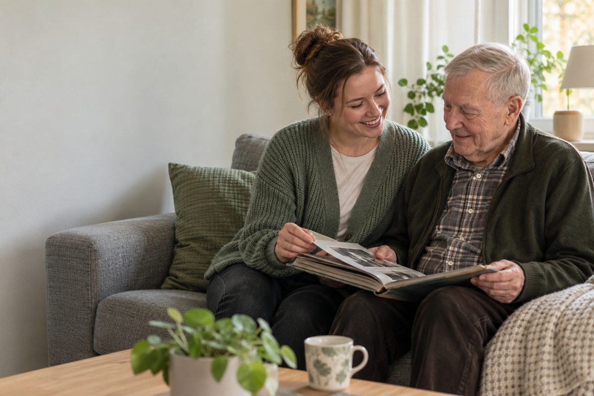 Nuori nainen ja iäkäs mies katselevat valokuva-albumia yhdessä sohvalla