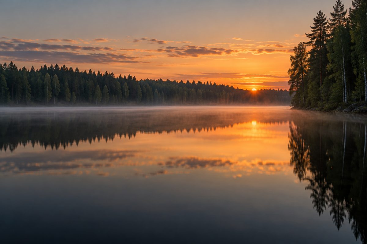 Usvainen järvi ja kuusimetsä auringonnousun aikaan, puut heijastuvat tyyneen veteen