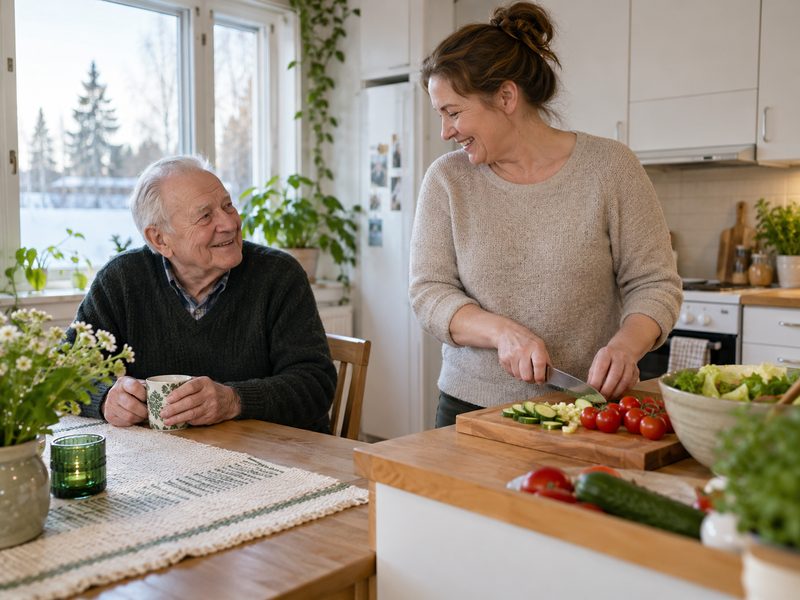 Nainen pilkkoo vihanneksia keittiössä ja juttelee iäkkään miehen kanssa, joka istuu pöydän ääressä kahvikuppi kädessä