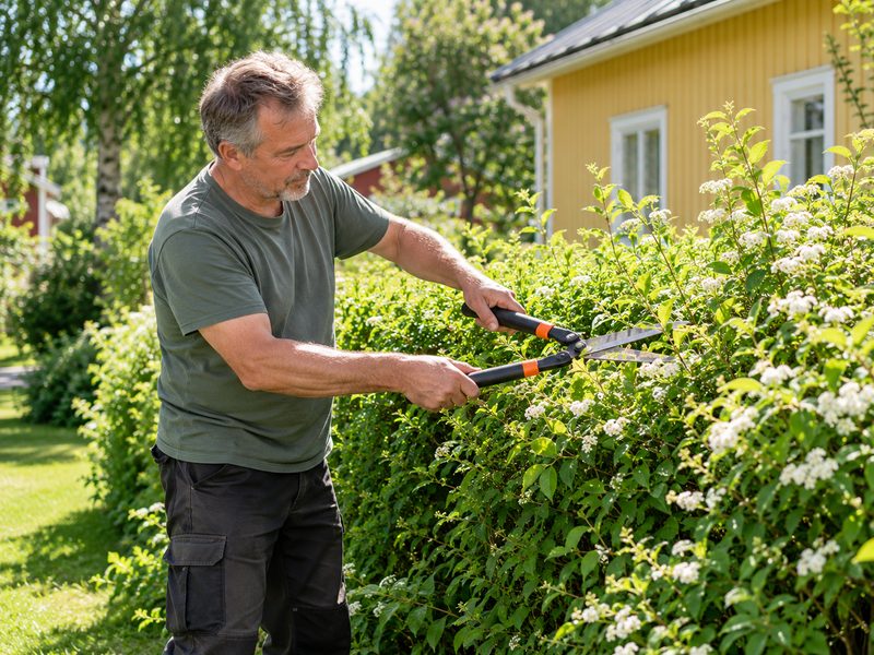 Mies leikkaa kukkivaa pensasaitaa käsisaksilla keltaisen puutalon pihalla