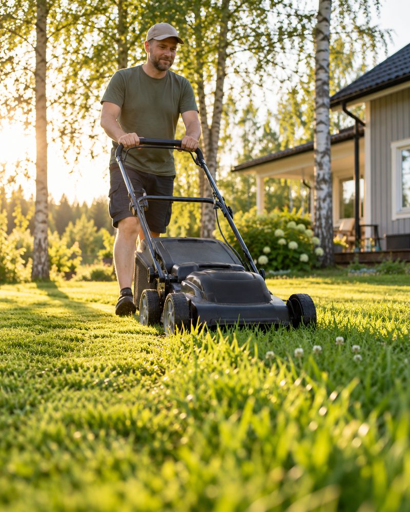 Mies leikkaa nurmikkoa ruohonleikkurilla koivujen reunustamalla pihalla ilta-auringossa