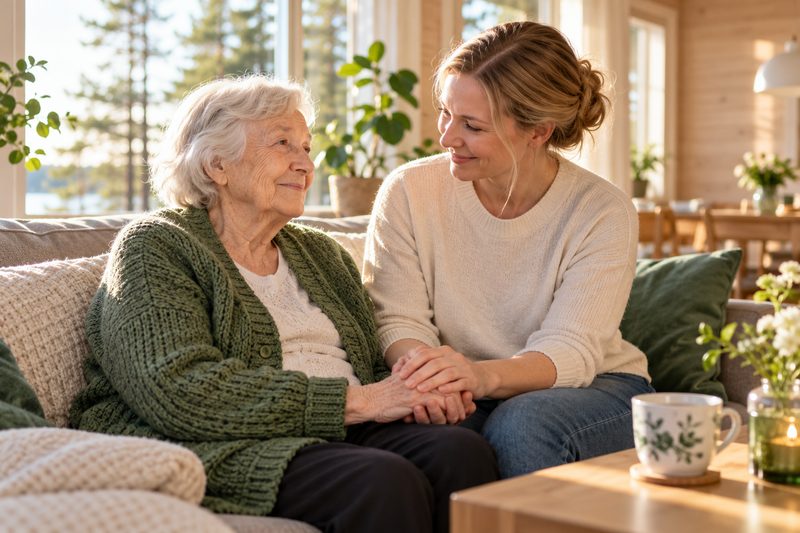 Iäkäs nainen ja nuorempi nainen istuvat sohvalla käsi kädessä ja katsovat toisiaan